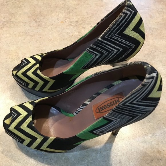 MISSONI Chartreuse Geometric Peep Toe Platform Stacked Heel Pump EU39/8 or 8.5 - Picture 3 of 8